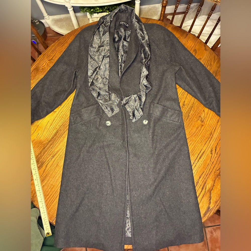 Jofeld Vintage Gray Wool Blend Double Breasted Long Coat with Paisley‎ Scarf USA